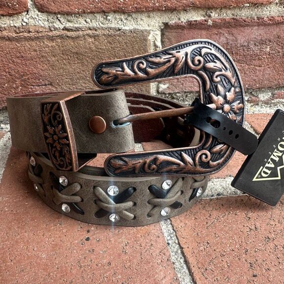 Nomad Western Leather Criss Cross Studded Belt Floral Buckle Brown Medium NEW main image 6